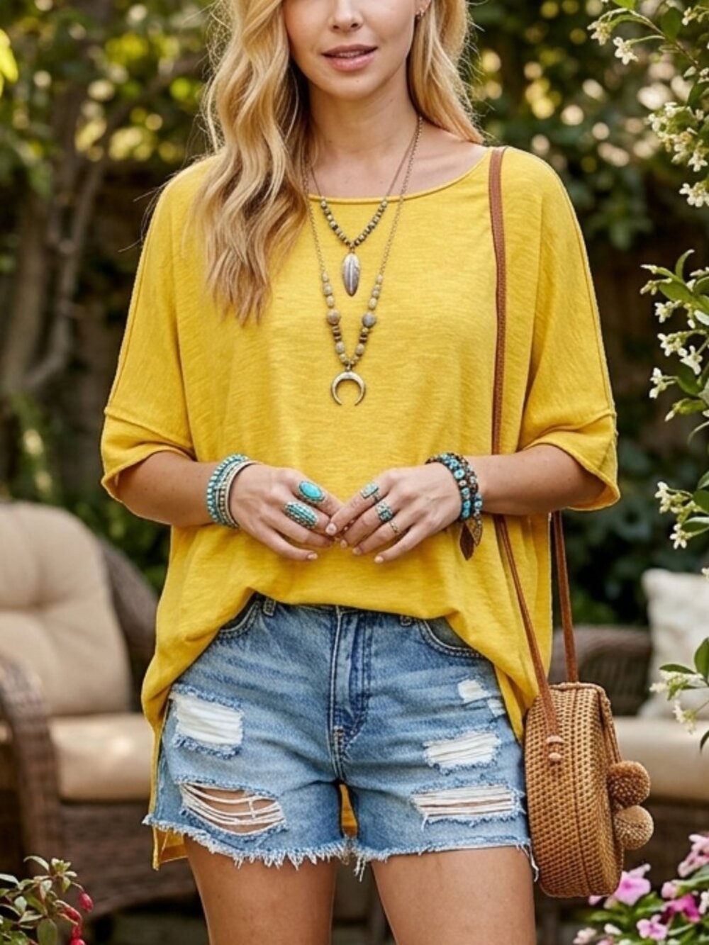 Yellow Oversized Knit Top with Raw Edge‎ Details